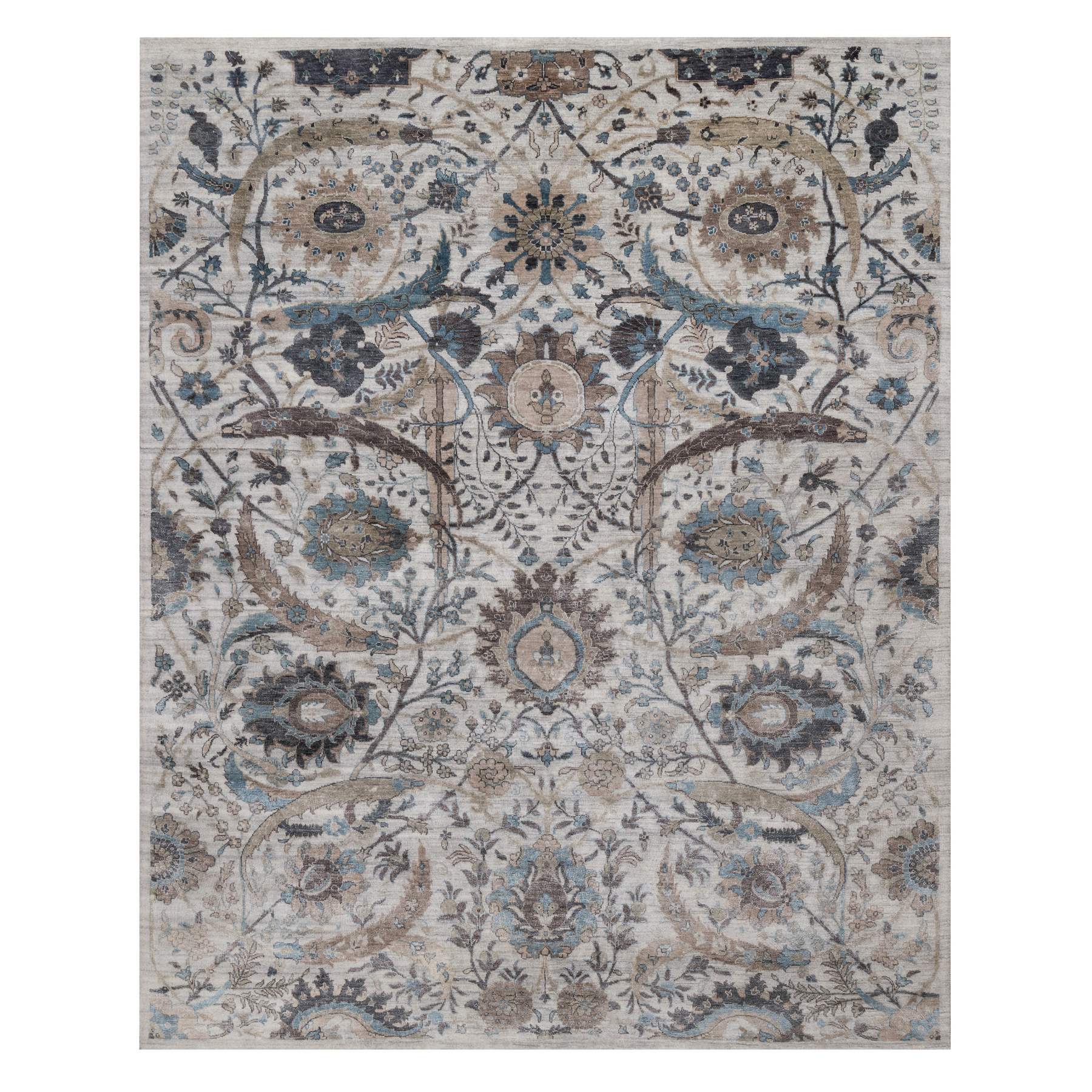 8'x10' Light Gray, Sickle Leaf Design, Silk with Textured Wool, Plush and Lush, Hand Knotted, Borderless, Oriental Rug 
